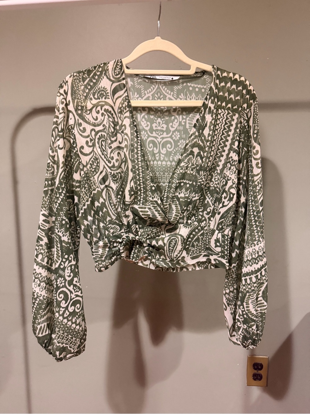 Zara- Olive Green Paisley Wrap-Front Long Sleeve Cropped Blouse